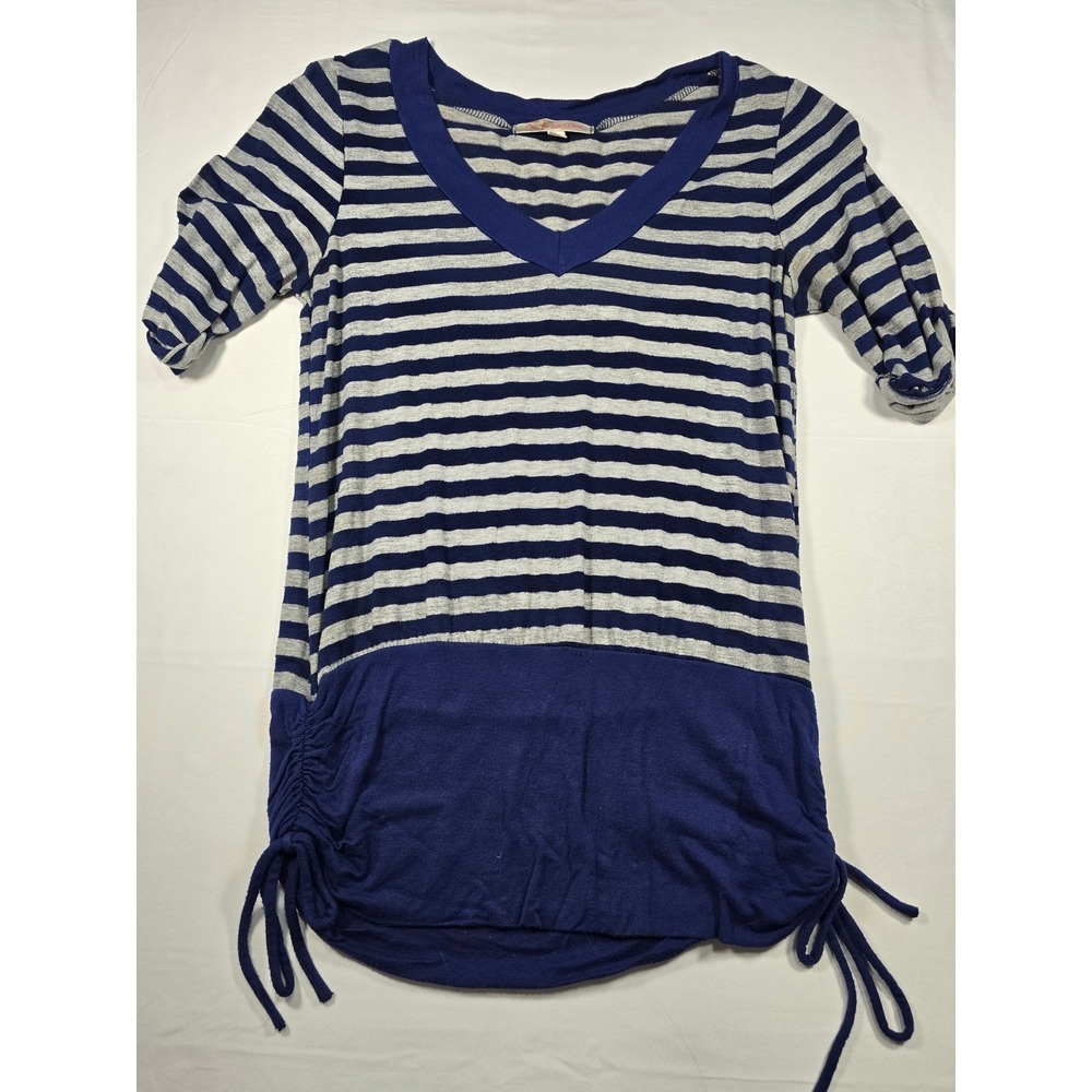 Julie's Closet Womens Navy Blue Grey Striped Ruched Side Tie Tunic Top Medium‎